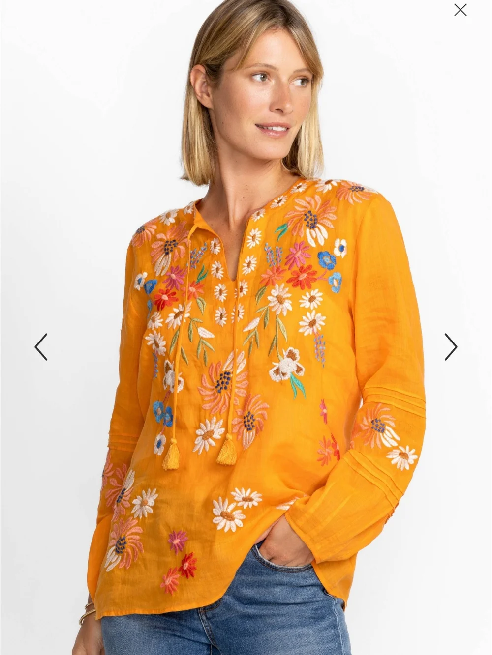 Mustard Yellow Embroidered Floral Pullover with Tassels - Picture 2 of 5